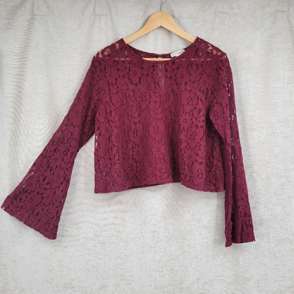 Love on a Hanger Bell Sleeve Lace Crop Top Sweetheart Neckline Maroon